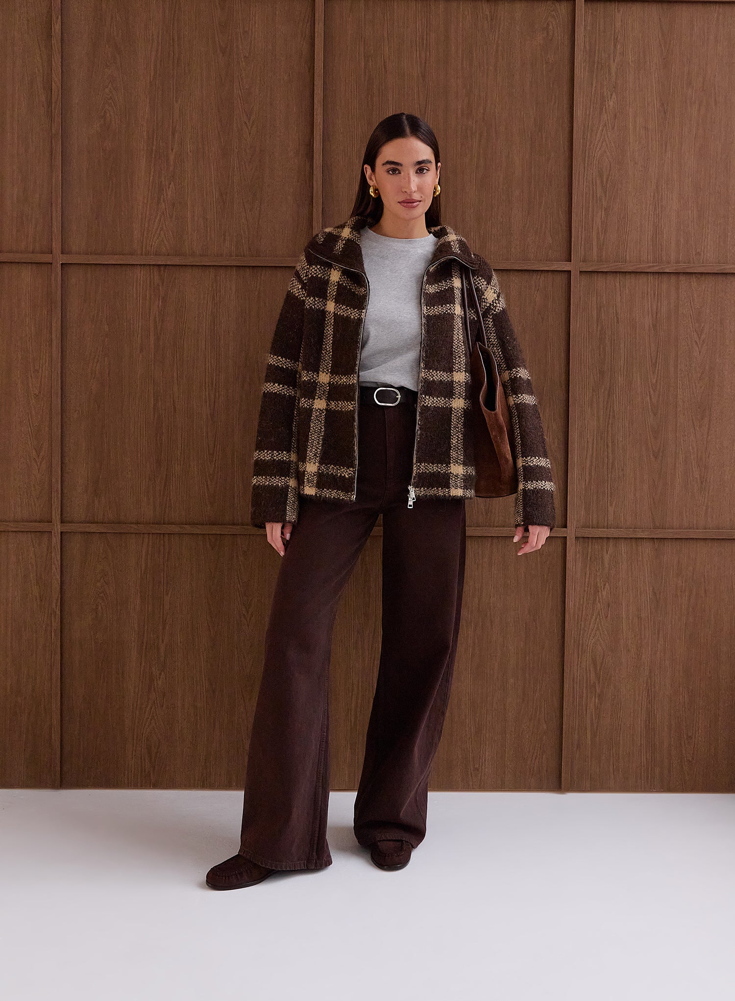 Chocolate Checked Knitted Zip Jacket